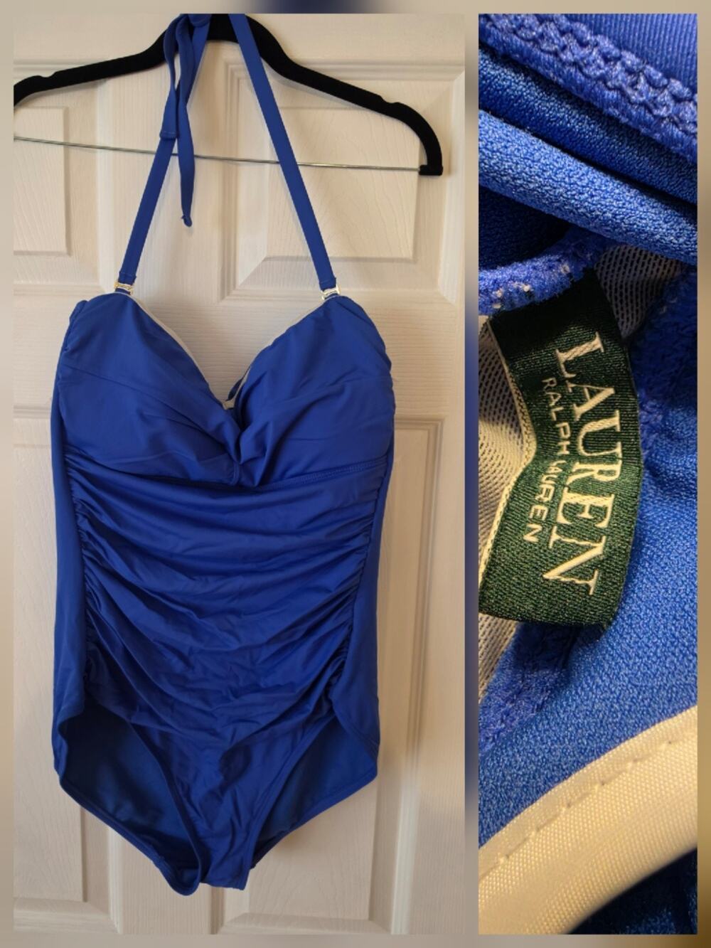 Ralph Lauren Swim One Piece Size 14 Blue Purple Ruched Front Solid Halter NEW